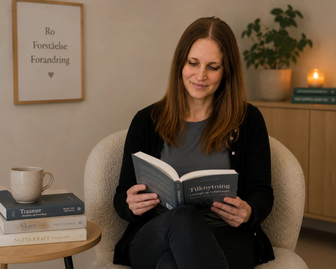 Maja Schlebaum læser i terapilokalet